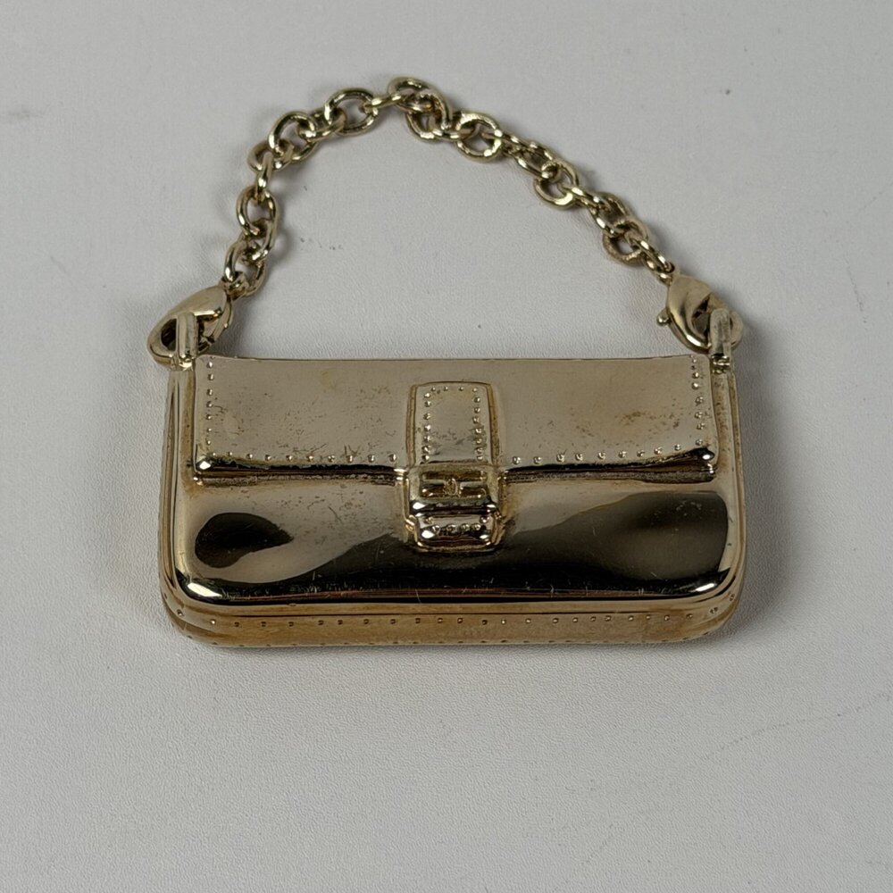 Fendi Gold-Tone Solid Metal Miniature Baguette Vanity Mirror Compact Charm Keych